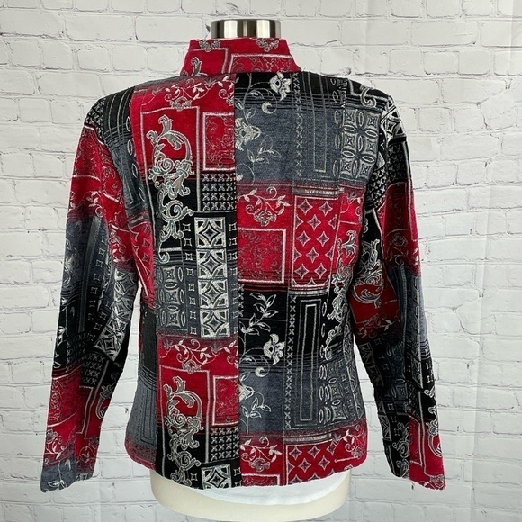 Christopher & Banks Zip Tapestry Blazer Red/Gray/Black Mandarin Collar Large - Picture 3 of 10